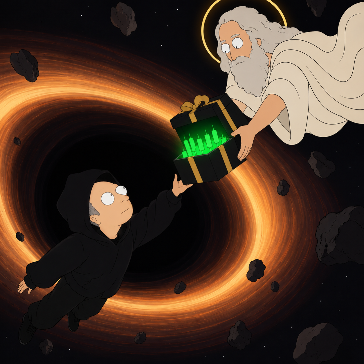 Joromy receiving a green-candle gift box from the heavens near a black hole