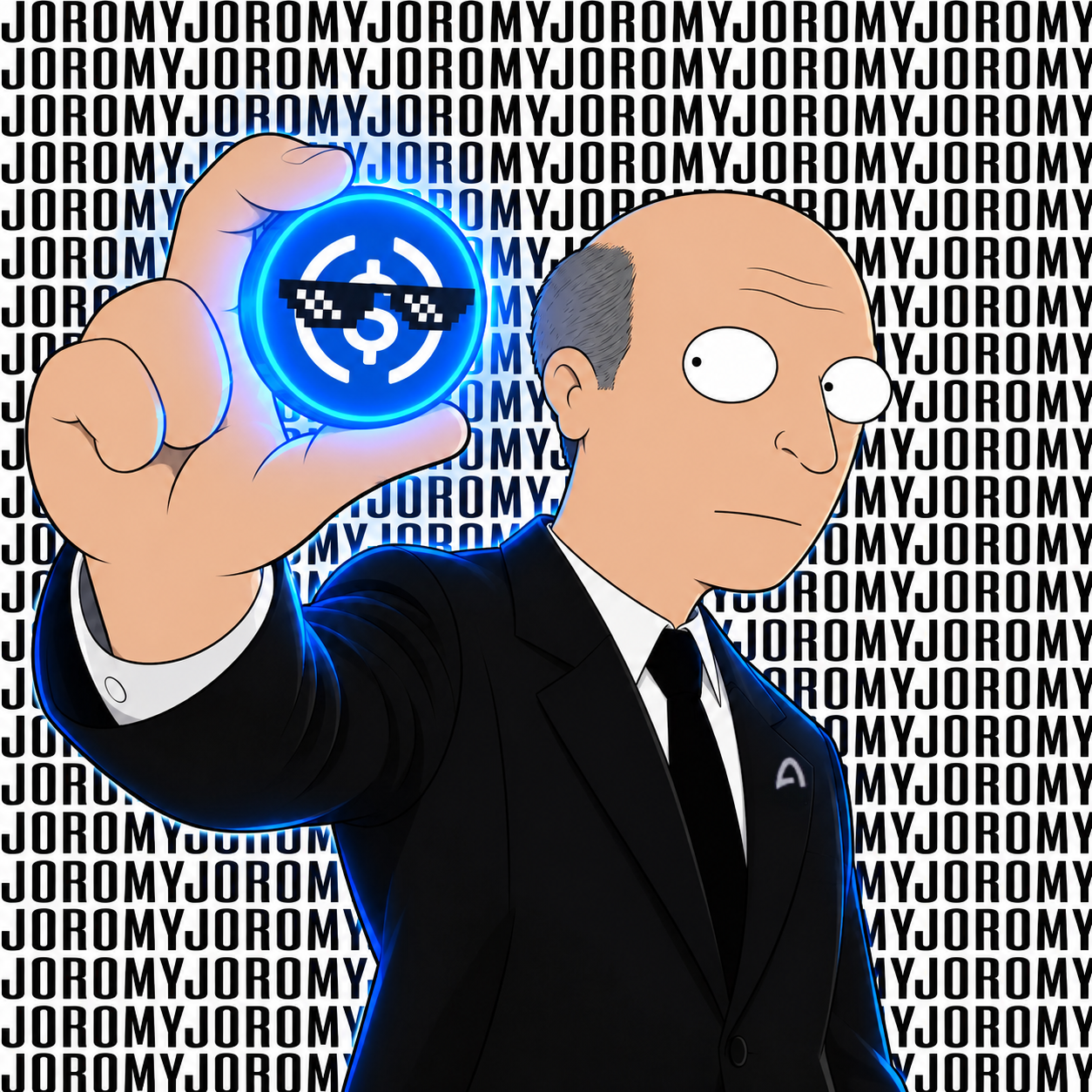 Joromy holding a glowing $JOROMY coin with pixel shades