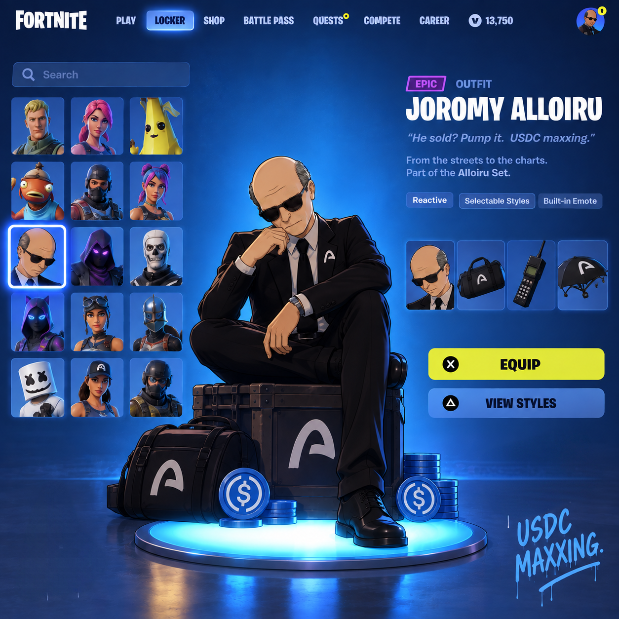 Joromy Alloiru Fortnite locker skin, USDC maxxing edition