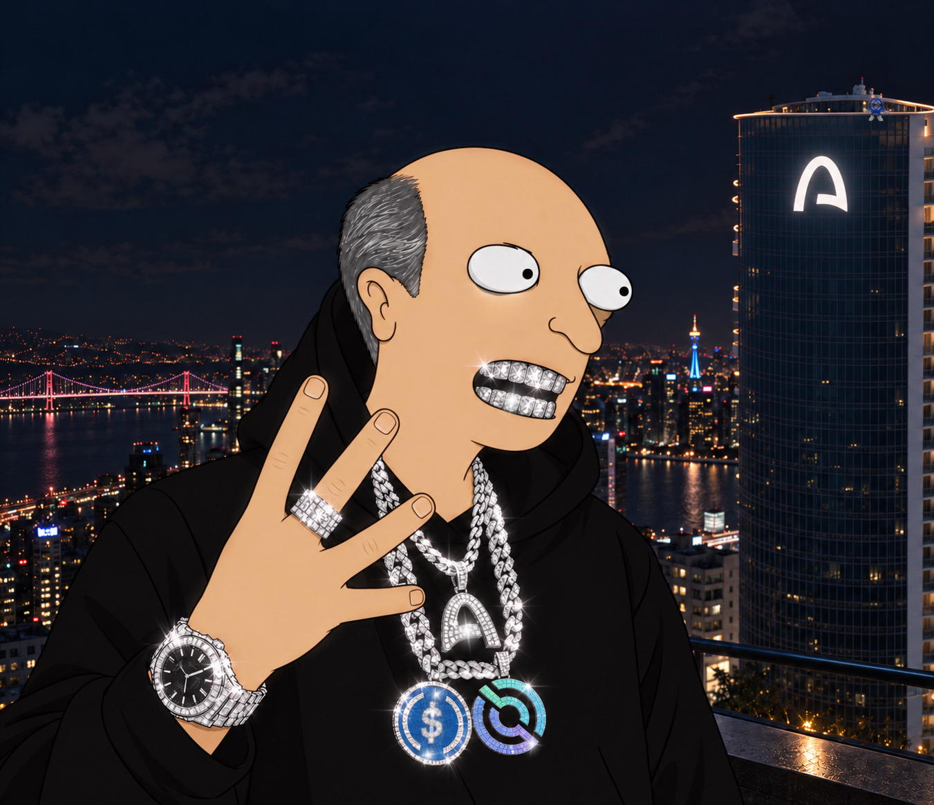 Joromy with diamond grillz and iced chains on a rooftop with the Arc tower