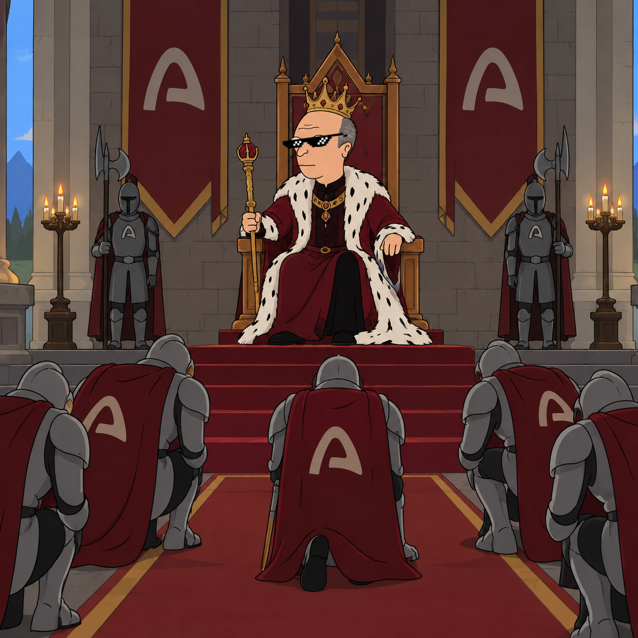 Joromy crowned as king on a throne with kneeling Arc knights