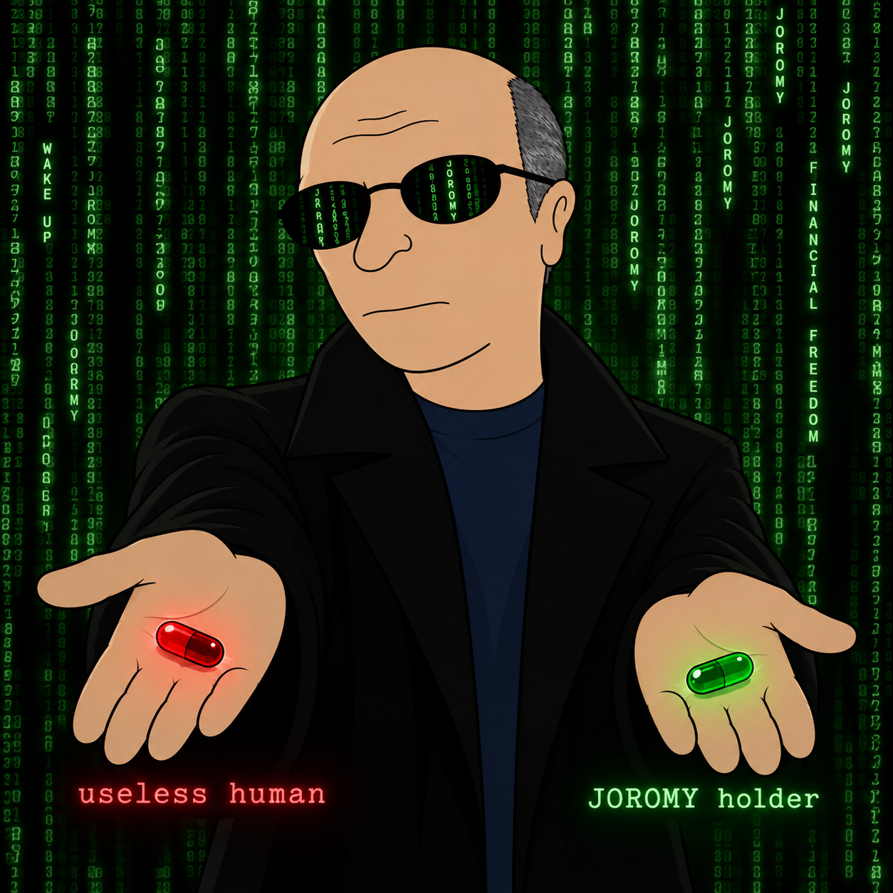 Matrix Joromy offering the useless human pill or the JOROMY holder pill
