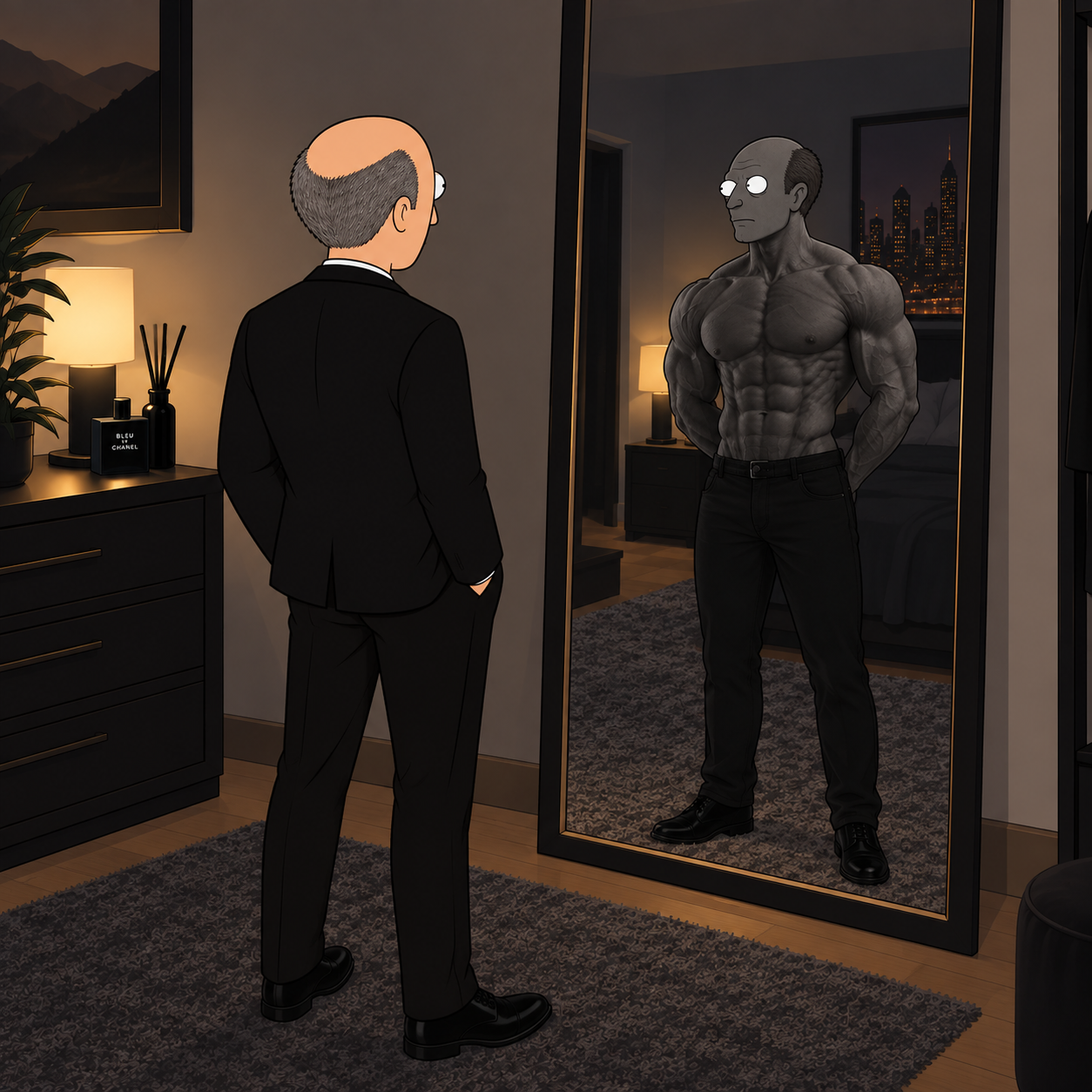 Joromy in a suit staring at his buff shirtless reflection in a mirror