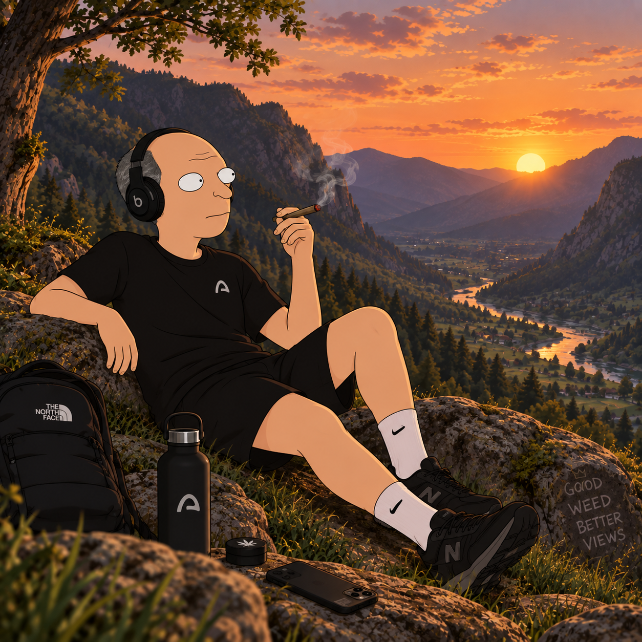 Joromy relaxing on a mountain ridge at sunset: "Good Weed Better Views"