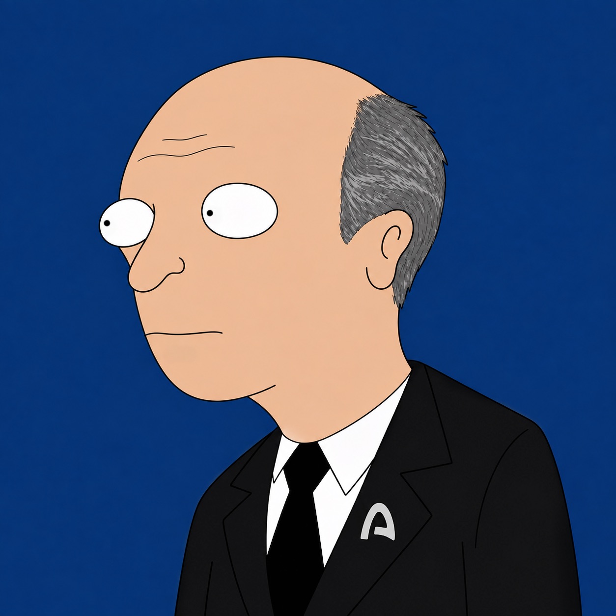 Joromy portrait bust in a black suit with an Arc lapel pin on a blue background