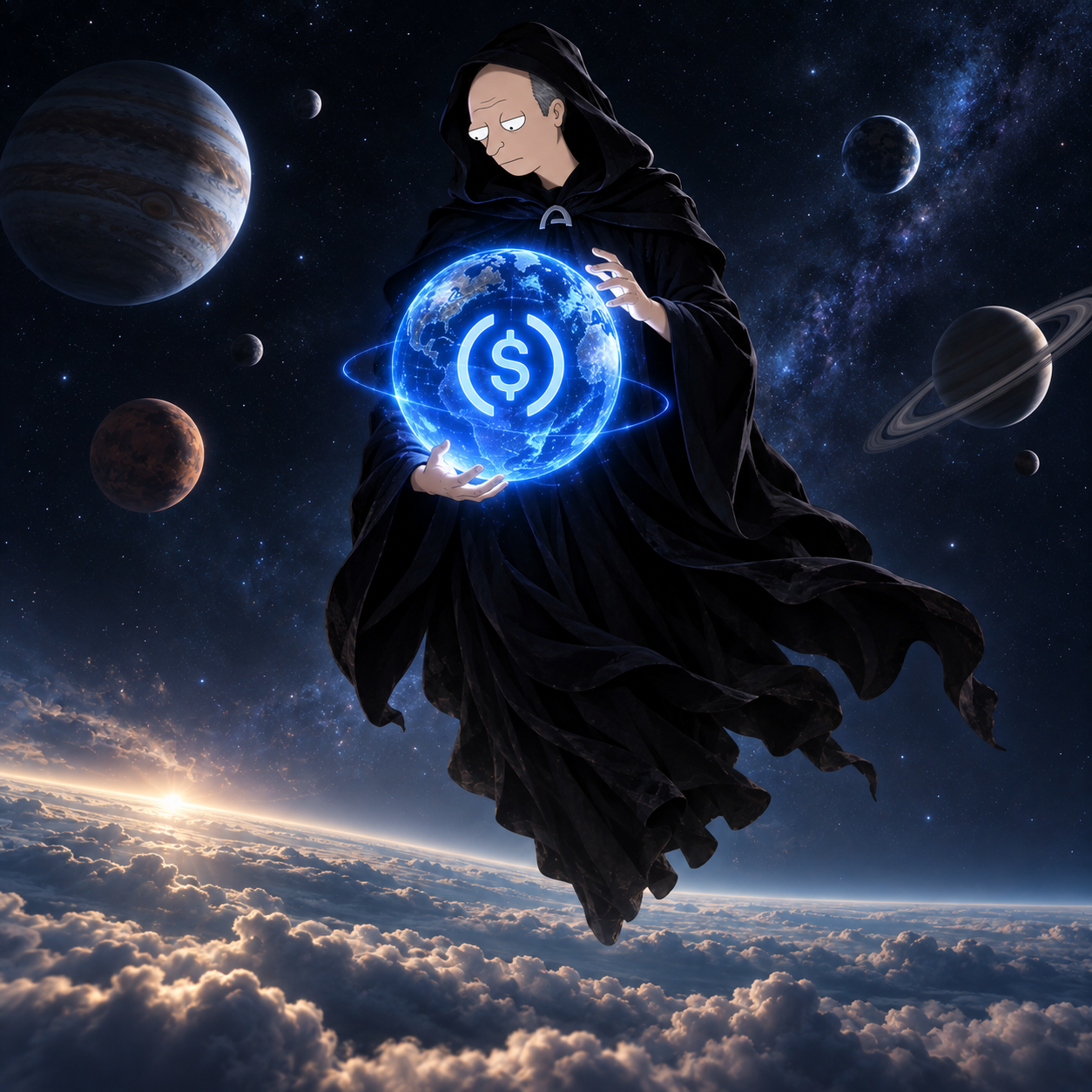 Joromy as a cloaked wizard cradling a glowing USDC globe in space