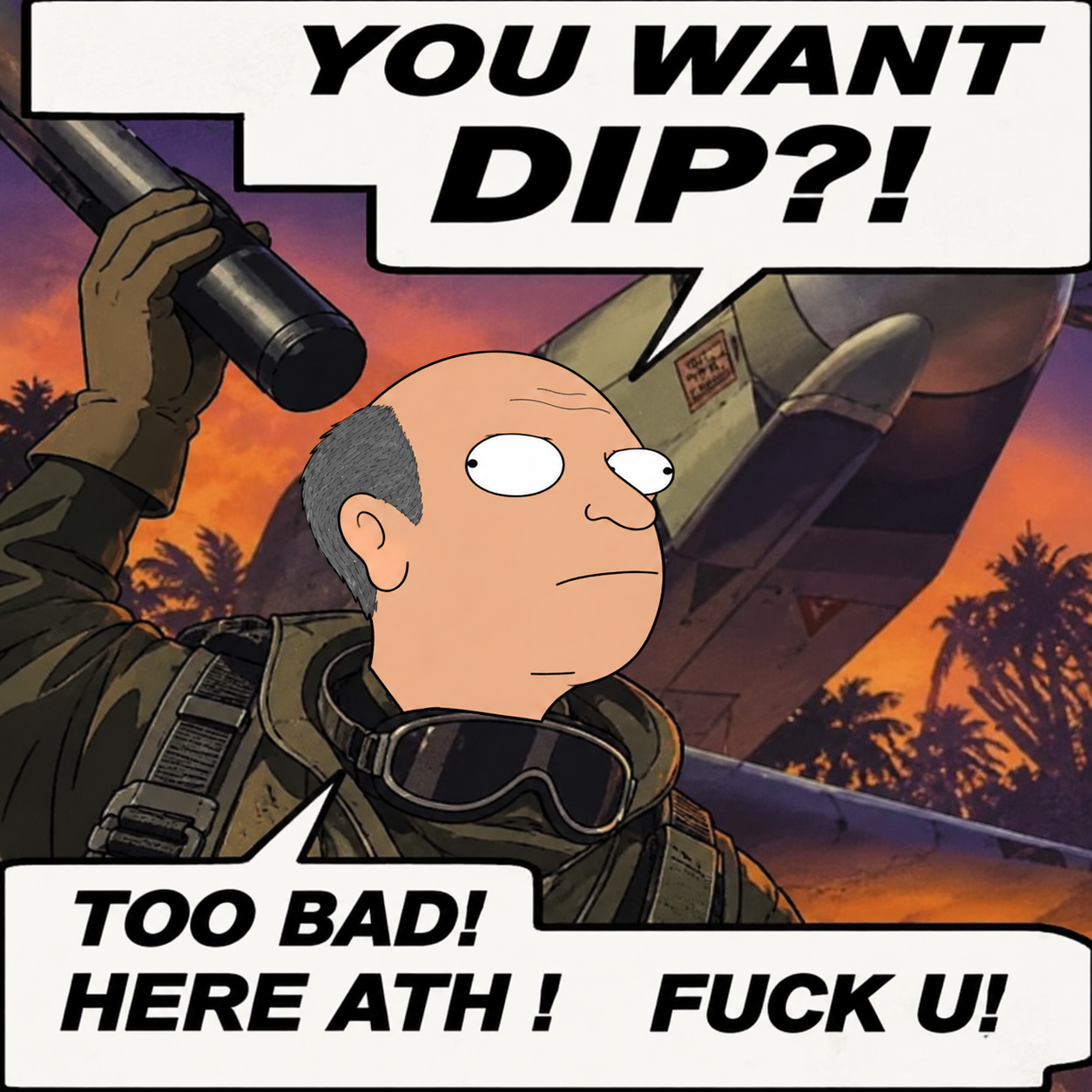 Comic-style Joromy soldier: "YOU WANT DIP?! TOO BAD! HERE ATH!"